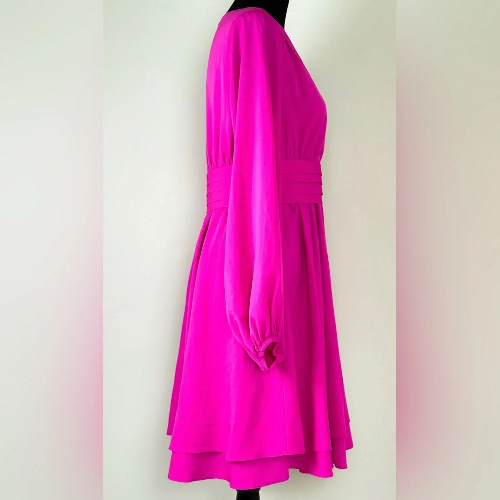 Eliza J Hot Pink Fuschia Long Sleeve Fit & Flare V-Neck Dress-Small - Picture 3 of 10